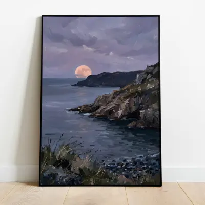 Impressionistic Oil Painting Moonrise Over Coastal Inlet Art Print