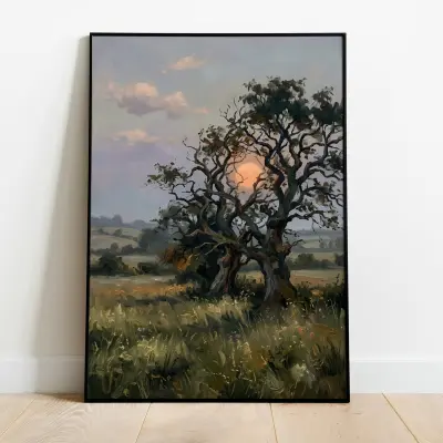 Moonrise Landscape Art Print Ancient Oaks Field Moody Impressionistic