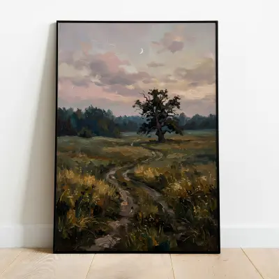 Moonrise Landscape Poster Winding Dirt Path Forest Art Print Impressionistic Painting