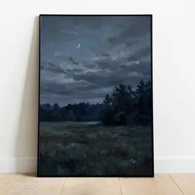 Impressionistic Landscape Art Print Twilight Meadow Crescent Moon