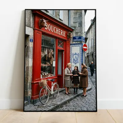 Vintage France Photography Art Print Red Boucherie Street Scene 1960s Documentary Style