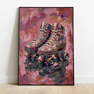 Colorful Mosaic Roller Skates Poster Retro Wall Art Abstract Print Pink Background