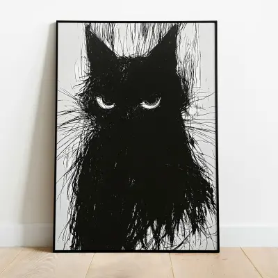 Black Cat Art Print Grumpy Scribble Drawing Minimalist