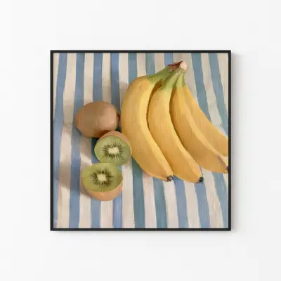 Still life painting art print with kiwis and bananas, stilleben