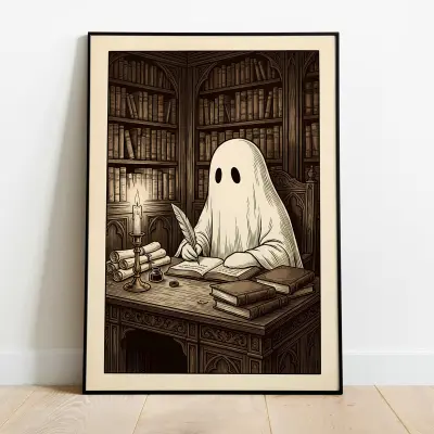 Old World Woodcut Style Art Print Depicting A Ghost Writing In A Gothic Library
