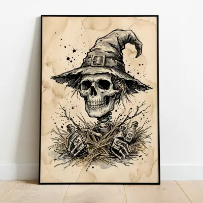 Skeletal Scarecrow Art Print Spooky Halloween Poster Vintage Autumn Decor Sketch Ink Drawing Watercolor