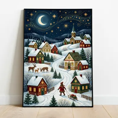 Folk-Art Winter Village Art Print Moonlight Sky and Reindeer