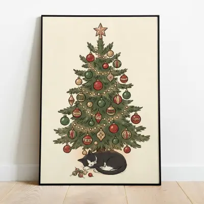 Art Print Sleeping Cat Christmas Tree Vintage Folk Art Style Illustration