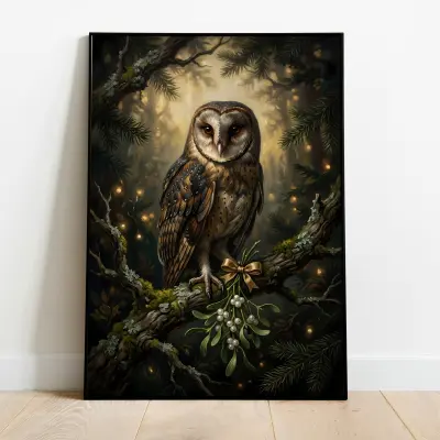 Art Print Barn Owl on Oak Branch with Mistletoe Oil Painting Dark Gothic Elegance Decoration