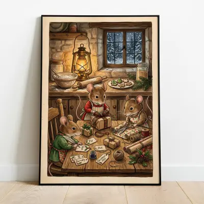 Christmas print featuring mice in a rustic kitchen wrapping gifts wall art