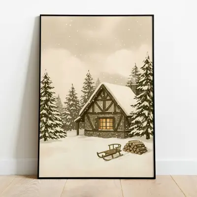 Winter Cabin Art Print Nostalgic Snowy Log House Vintage Christmas Poster