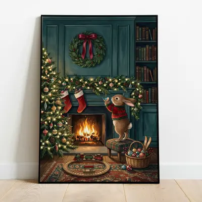 Christmas Rabbit Hanging Ornament Art Print Fireplace Scene Watercolor Vintage Illustration