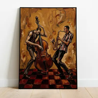 Expressive Jazz Musicians Art Print Poster Mid Century Modern Style Double Bass Saxophone