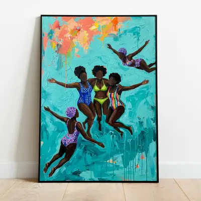 Art Print Black Women Swimming Pool Textured Painting Turquoise Orange