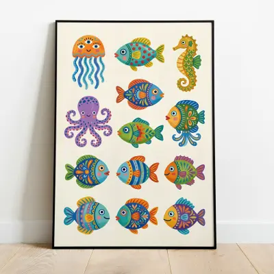 Vibrant Sea Creatures Art Print Folk Art Illustration Fantastical Marine Life Wall Decor