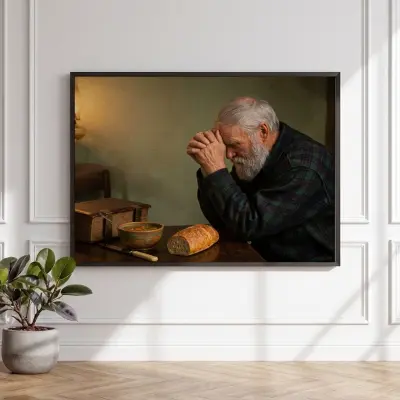 Grace fine art print by Eric Enstrom praying man over bread Christian motif colored