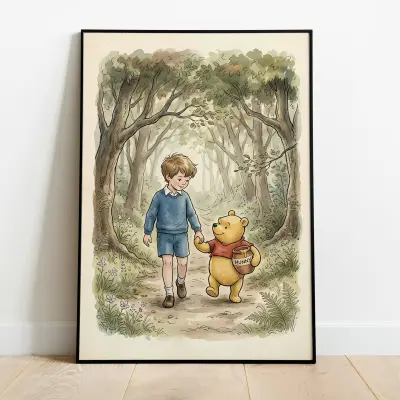 Winnie the Pooh Art Print Classic Illustration Christopher Robin Walking Hand in Hand