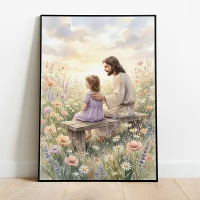 Watercolor Fine Art Print Jesus and Child on Wooden Bench Wildflower Meadow Pastoral Style