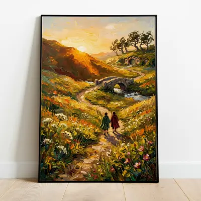 Art Print Impressionistic Oil Painting Hobbit Figures Walking Sunset