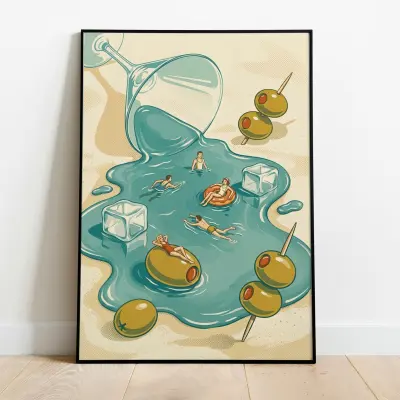 Martini Pool Poster Illustration Retro Art Print Small Swimmers Olives Puddle Dive