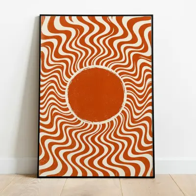 Retro Sunset Poster Psychedelic Sun Print Burnt Orange Cream