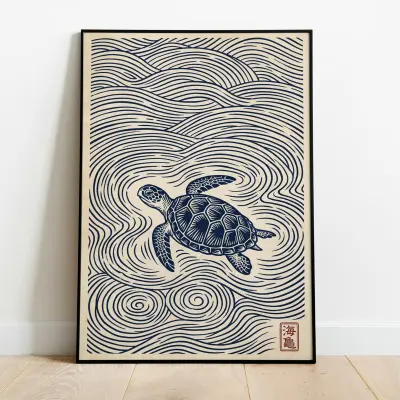 Japanese Minimal Turtle Art Print Blue Beige Calm Ripple Water Scene Poster Wall Art