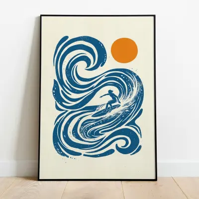 Retro Surfer Art Print Abstract Blue Wave Wall Decor