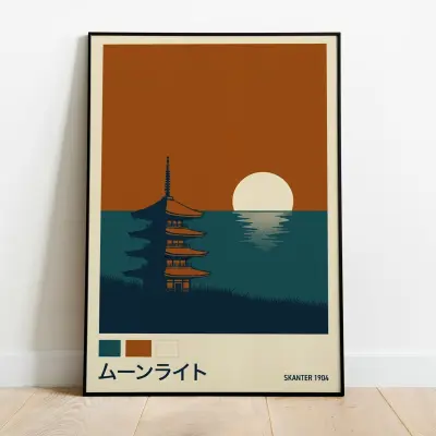Poster Japanese Pagoda Moonlight Minimalist Retro Screen Print