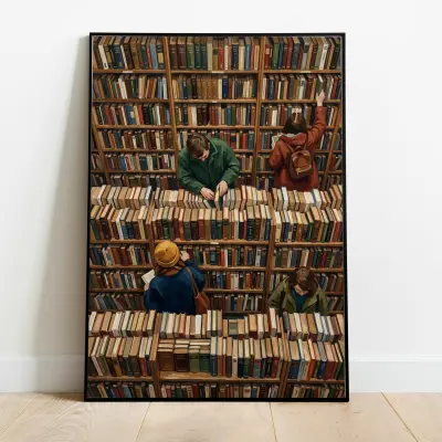 Art Print Painting Second-Hand Bookstore Aisle Overhead View Vintage Style