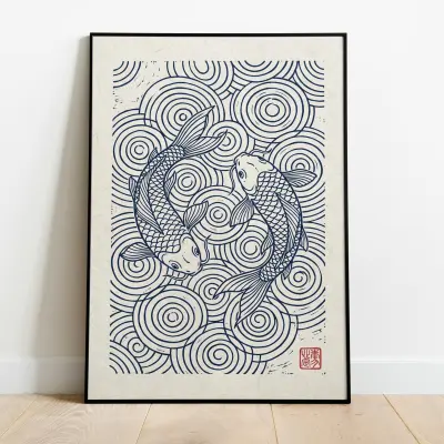 Minimalist Japanese Inspired Art Print Two Koi Fish with Concentric Water Ripples