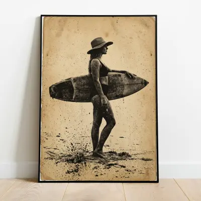 Surfer Girl Art Print Vintage Western Beach Poster Black Beige Surf Up Cowgirls