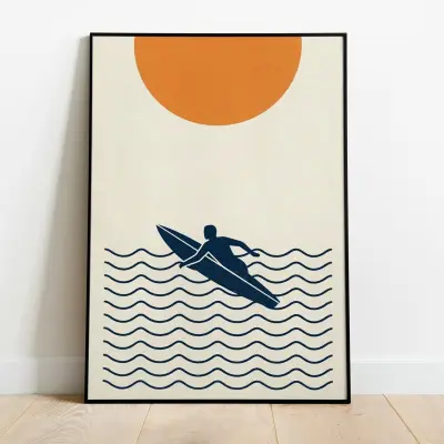 Minimalist Surfer Art Print | Abstract Ocean Wave and Sun Retro Poster