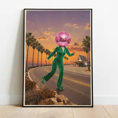 Disco Ball Head Art Print Roller Skate Retro Pop Poster Surreal Kitsch 70s