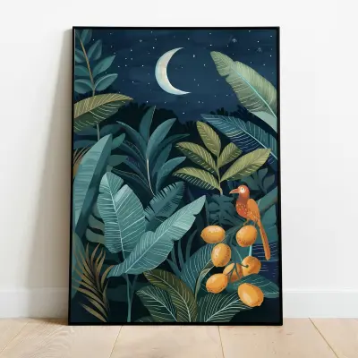 Jungle Nocturne Art Print in Rousseau Style, Naïve Art Wall Decor with Scarlet Bird