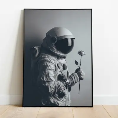 Poster Astronaut Holding A Rose Black and White Photography Art Print Vintage