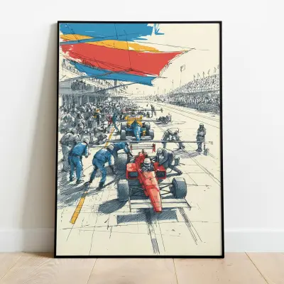 Vintage F1 Pit Stop Art Print Formula 1 Racing Poster Illustrative Line Drawing