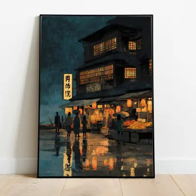 Japanese Woodblock Art Print Bustling Night Scene Traditional Town Illuminated Lanterns