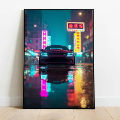 Poster Hellcat Widebody Dodge Charger Night City Rainy Street