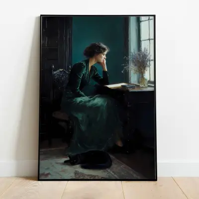Art Print Impressionist Painting Woman at Desk with Cat