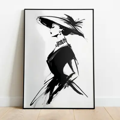 Minimalist Fashion Illustration Print Woman Hat Pearl Choker Black Ink Art Poster