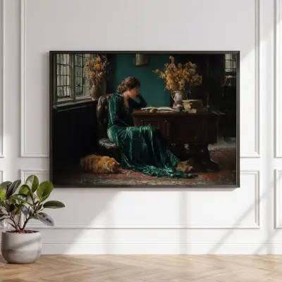 Fine Art Print impressionistic oil painting woman reading journal green wall cat