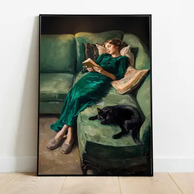 Oil Painting Art Print Woman Reading on Green Sofa with Black Cat