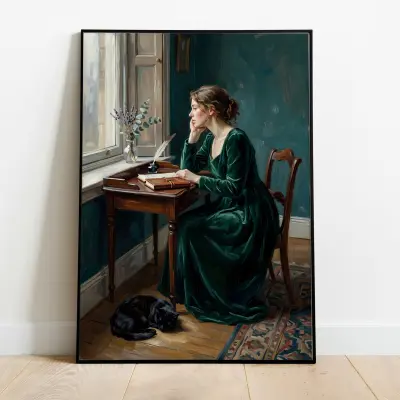 Art Print Impressionist Style Woman in Velvet Gown Writing at Desk with Cat