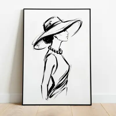 Poster minimalist fashion illustration black ink drawing woman profile hat pearl necklace