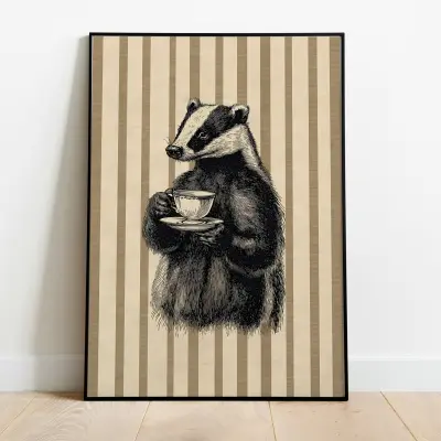 Vintage Art Print Badger Tea Cup Illustration Black White Striped Poster