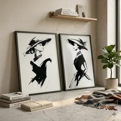 Set of 2 Fashion Illustration Prints Woman with Hat and Pearl Choker Black Ink Posters