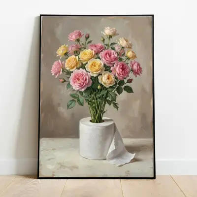 Fine art print surrealist still life bouquet of roses in toilet paper roll bathroom wall art