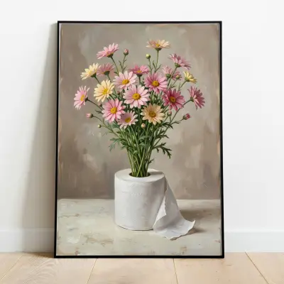 Fine art print surrealist still life bouquet in toilet paper roll bathroom wall decor