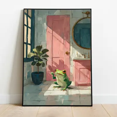 Frog Brushing Teeth Art Print Bathroom Illustration in Painterly Style