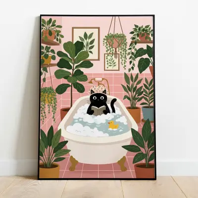 Poster Bathroom Black Cat in Tub with Book Whimsical Illustration Wall Art